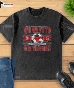 Premium SME Mustangs men's soccer champions washed t-shirt featuring trophy design for sports enthusiasts.