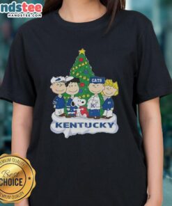 Alt Text: Premium Snoopy and Fiends Kentucky Wildcats Christmas ladies tee featuring festive graphics and vibrant colors.