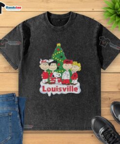 Premium Snoopy and Fiends Louisville Cardinals Christmas washed t-shirt featuring vibrant graphics and a festive design.