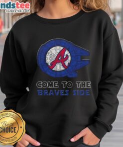 Premium Star Wars Atlanta Braves side sweatshirt featuring iconic characters and team logo, perfect for fans and collectors.