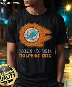 Premium Star Wars Miami Dolphins T-Shirt featuring iconic characters and team logo, perfect for fans and collectors.