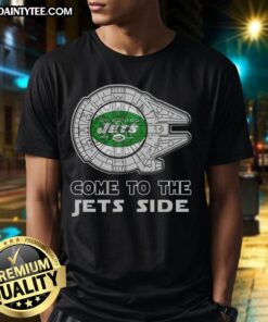 Alt Text: Premium Star Wars New York Jets Side T-Shirt featuring iconic characters and team logo for fans.