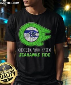 Alt Text: Premium Star Wars Seattle Seahawks t-shirt featuring iconic characters and team logo, perfect for fans and collectors.