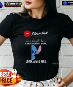Alt Text: Premium Stitch X Pizza Hut Live Laugh Love ladies tee featuring fun and playful design, perfect for pizza lovers.