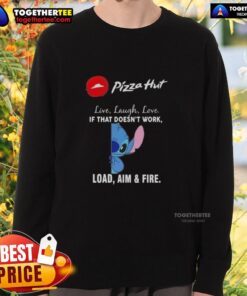 Premium Stitch X Pizza Hut sweatshirt featuring 'Live Laugh Love' and 'Load Aim and Fire' designs in vibrant colors.