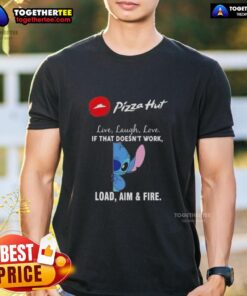 Premium Stitch X Pizza Hut t-shirt featuring 'Live Laugh Love' and 'Load Aim Fire' designs in vibrant colors.