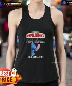 Premium Stitch X Pizza Papa John's tank top with 'Live Laugh Love' and 'Load Aim Fire' design for pizza lovers.