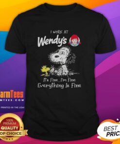 Premium Tired Snoopy and Woodstock graphic tee with 'I work at Wendy's it's fine I'm fine everything is fine' slogan.