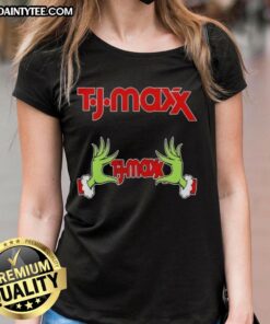 Premium TJ Maxx X Grinch Hands Merry Christmas Ladies Tee featuring festive design and vibrant colors.