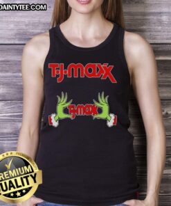 Alt Text: Premium TJ Maxx X Grinch Hands Merry Christmas tank top featuring festive graphic design for the holiday season.