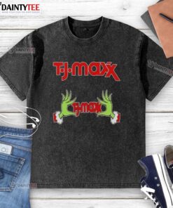 Alt Text: Premium TJ Maxx X Grinch Hands Merry Christmas washed t-shirt featuring festive design and vibrant colors.
