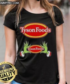 Premium Tyson Foods X Grinch Hands Merry Christmas Ladies Tee featuring festive design perfect for holiday celebrations.