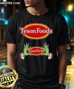 Premium Tyson Foods X Grinch Hands Merry Christmas T-Shirt featuring festive design for holiday celebrations.