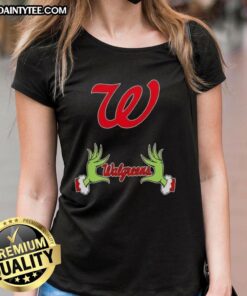 Premium Walgreens X Grinch Hands Merry Christmas Ladies Tee featuring festive design and holiday spirit.