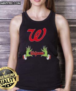 Premium Walgreens X Grinch Hands Merry Christmas tank top featuring festive design and vibrant colors for holiday cheer.