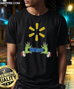 Alt Text: Premium Walmart X Grinch Hands Merry Christmas T-Shirt featuring festive Grinch hand graphics and holiday colors.