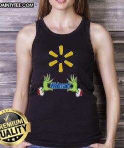 Alt Text: Premium Walmart X Grinch Hands Merry Christmas Tank Top featuring a festive design perfect for holiday celebrations.