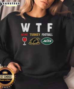 Premium wine-themed Thanksgiving sweatshirt for New York Jets football fans, perfect for holiday gatherings.