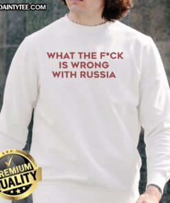Premium 'WTF Is Wrong With Russia' Sweatshirt featuring bold text, perfect for expressing political opinions in style.