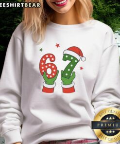 Alt Text: Pretty Christmas 67 Six Seven Santa Claus Hands Sweatshirt featuring festive Santa graphic on a cozy, stylish design.
