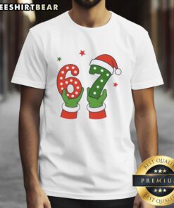 Pretty Christmas 67 Six Seven Santa Claus Hands T-Shirt featuring festive design and cheerful holiday spirit.
