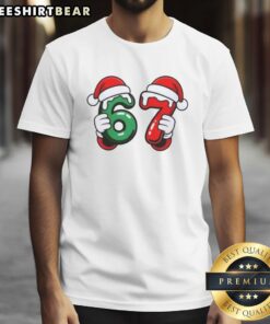 Alt Text: Pretty Christmas Sixty Seven 67 Santa Hands T-Shirt featuring festive Santa graphic design for holiday cheer.