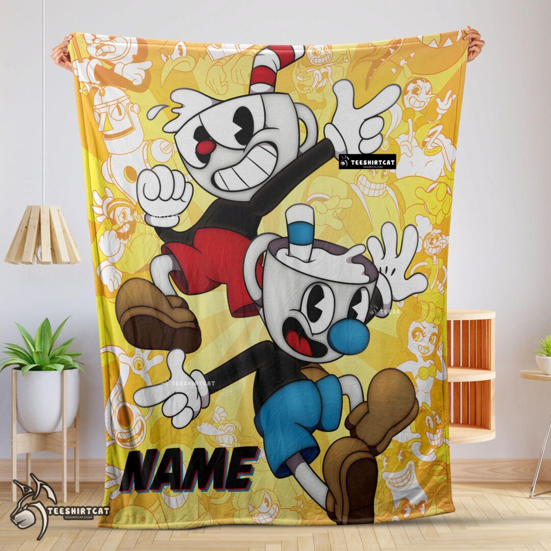 Pretty Cuphead And Mugman Crazy Cup Blanket Fleece Customized Blanket