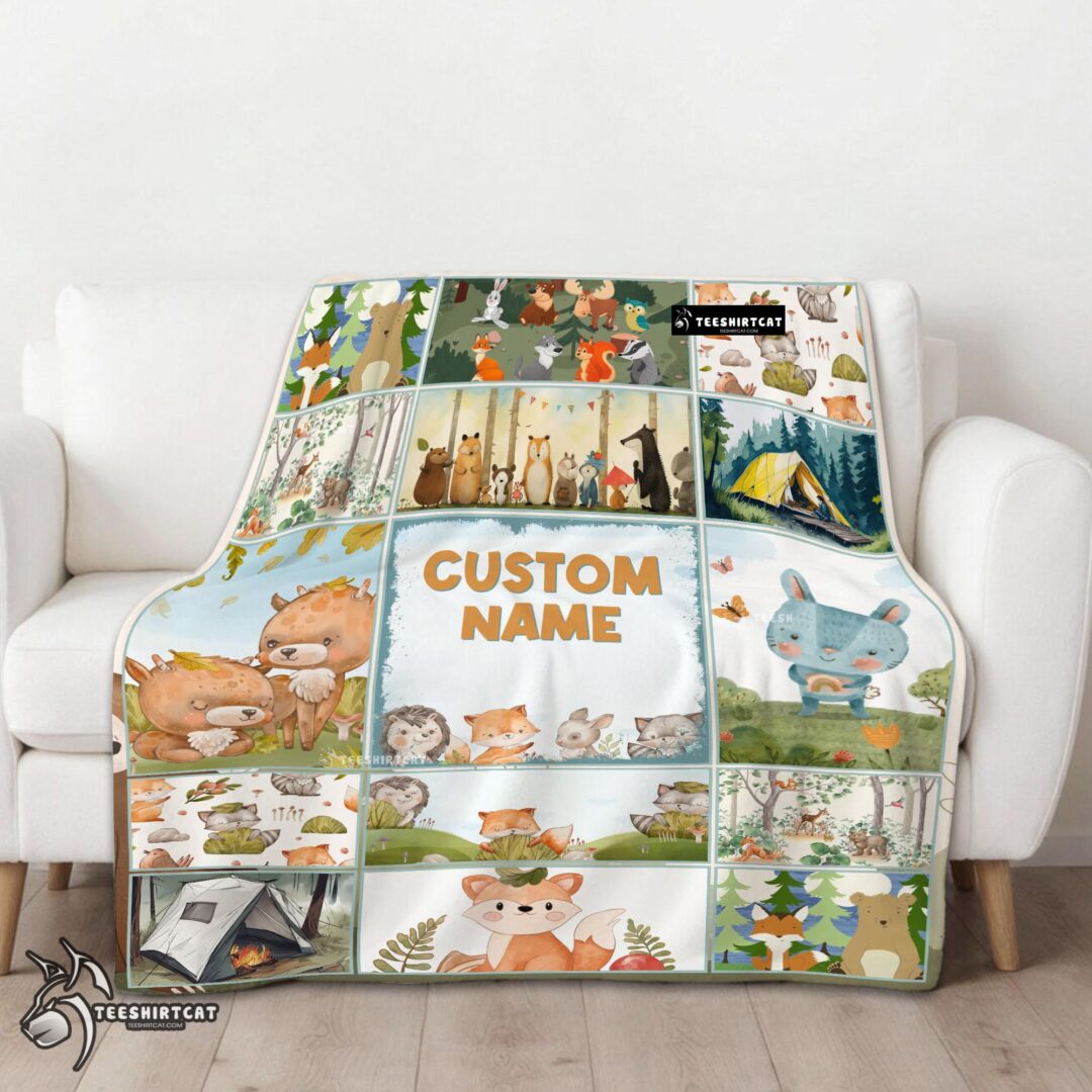 Pretty Cute Forest Animals Collage Whimsical Blanket Fleece Customized Blanket