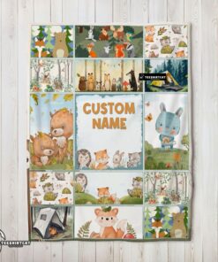 Pretty Cute Forest Animals Collage Whimsical Blanket Fleece Customized Blanket
