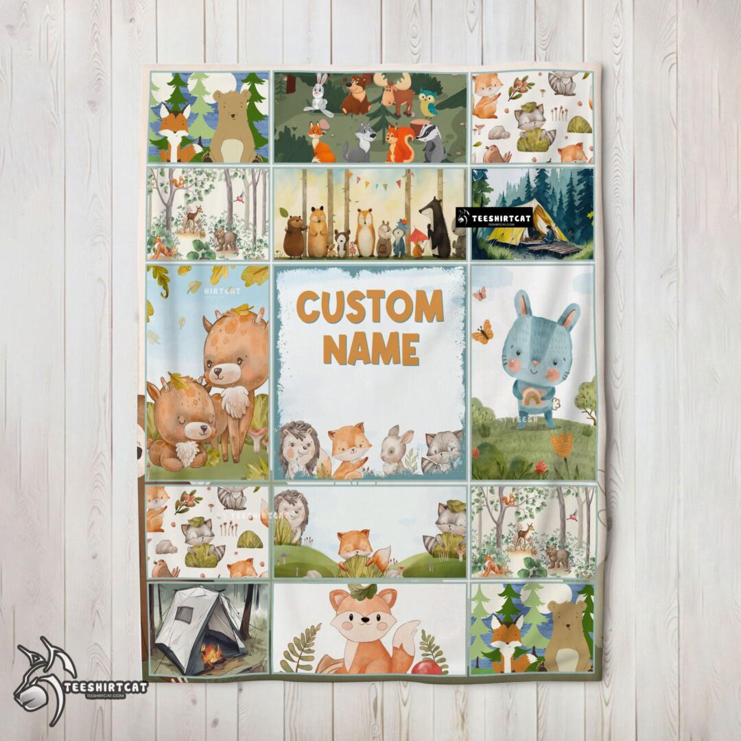 Pretty Cute Forest Animals Collage Whimsical Blanket Fleece Customized Blanket