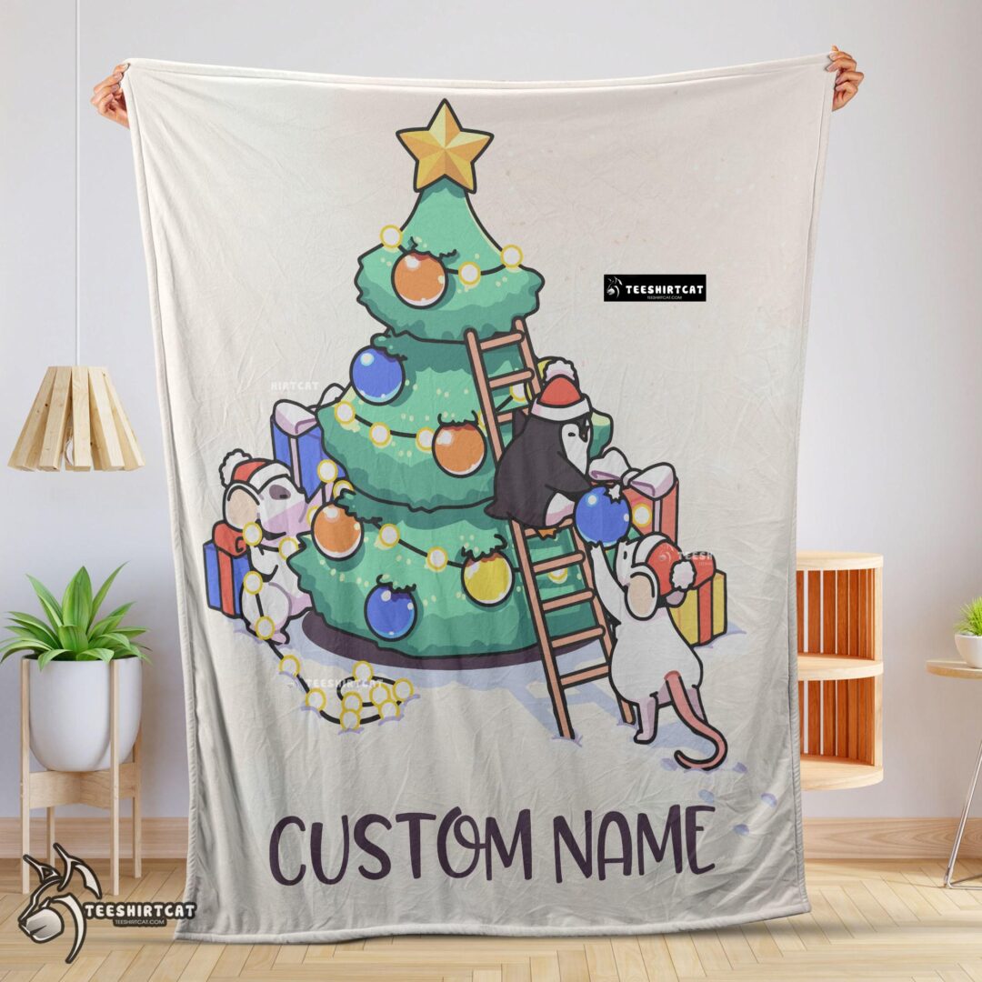 Pretty Cute Mice & Penguin Cartoon Christmas Tree Blanket Fleece Customized Blanket-mk-01