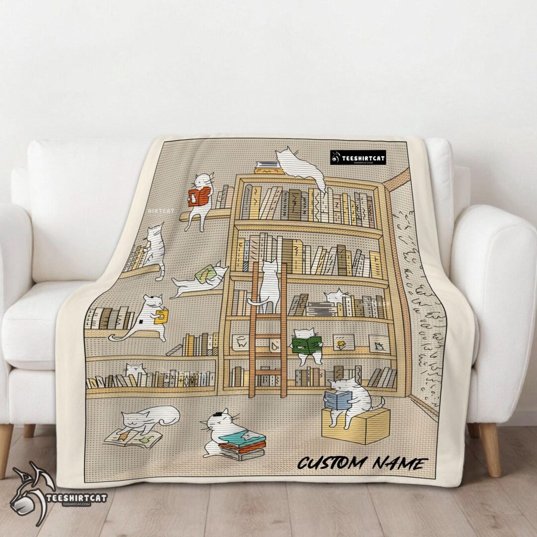 Pretty Cute Vintage Minimalist Cat Book Reading Blanket Fleece Customized Blanket-mk-01