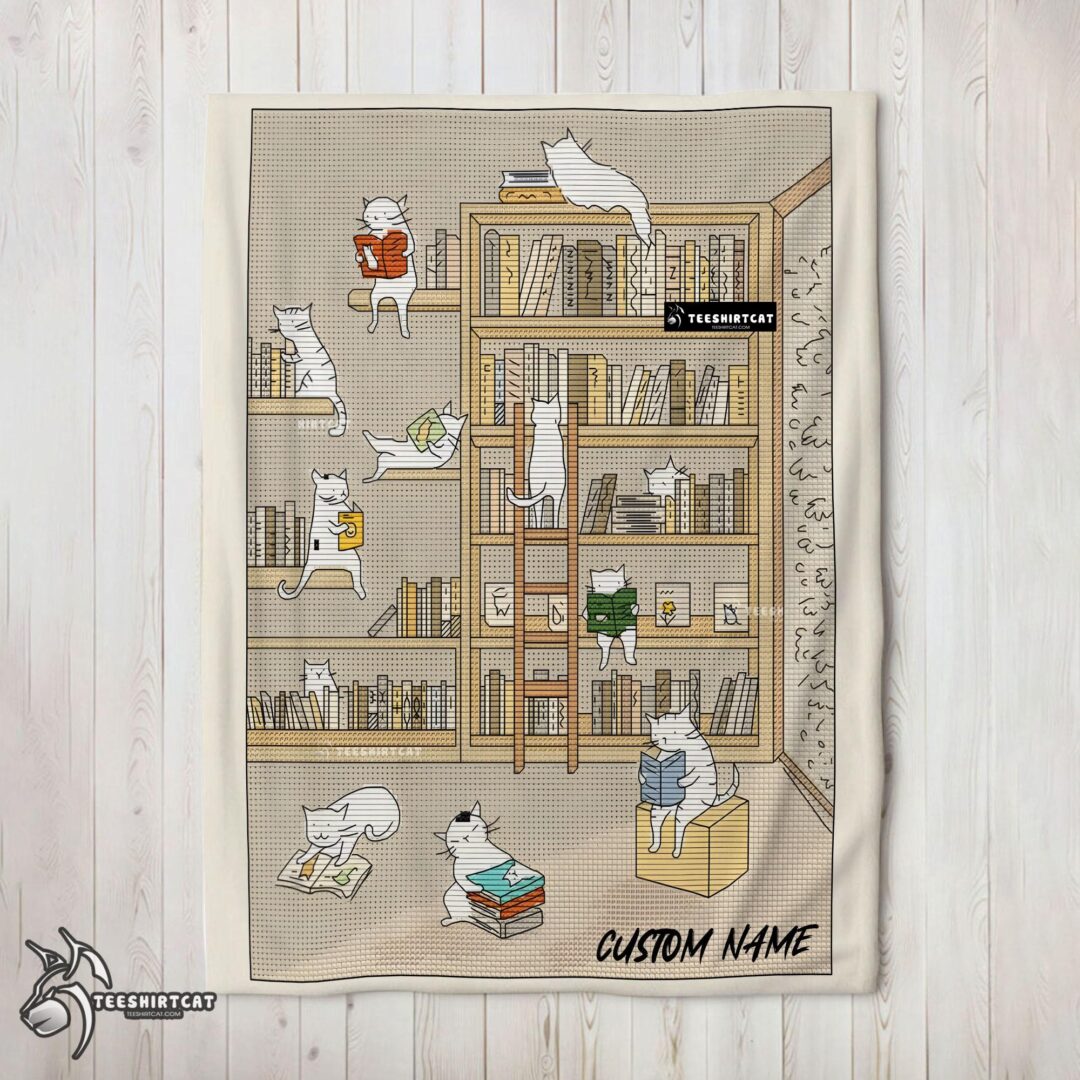 Pretty Cute Vintage Minimalist Cat Book Reading Blanket Fleece Customized Blanket-mk-02