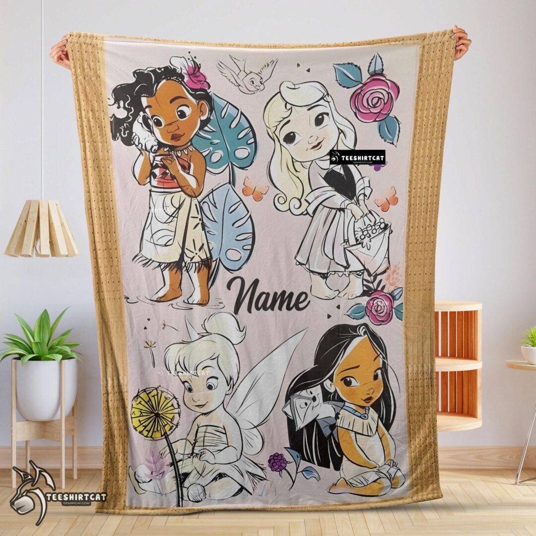 Pretty Disney Chibi Moana Alice Tinker Bell Pocahontas Blanket Fleece Customized Blanket-mk-01