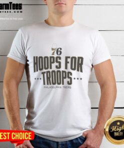 Alt Text: Pretty Hoops For Troops Philadelphia 76ers basketball t-shirt featuring team colors and logo, perfect for fans.