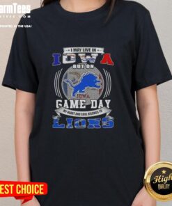 Pretty I May Live In Iowa But On Game Day Detroit Lions Football Ladies Tee in vibrant blue and gold design.