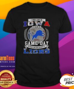 Alt Text: Pretty I May Live In Iowa But On Game Day Detroit Lions Football T-Shirt design featuring team colors and logo.
