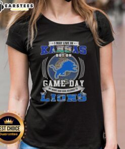 Alt Text: Ladies tee featuring 'Pretty I May Live in Kansas But on Game Day Detroit Lions Football' design for fans.