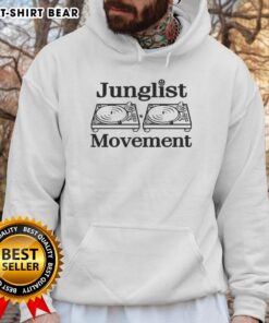 Alt Text: Retro hoodie featuring 'Pretty Junglist Movement' design, perfect for music lovers and turntable enthusiasts.