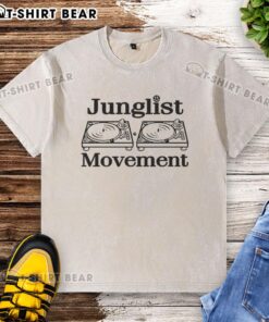Retro washed t-shirt featuring Pretty Junglist Movement turntable design, perfect for music lovers and vintage style enthusiasts.