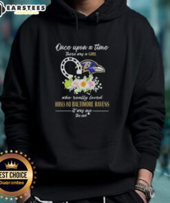 Alt Text: Pretty hoodie featuring 'Once Upon A Time There Was A Girl Who Loved Horses And Baltimore Ravens' design.
