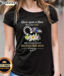 Alt Text: Pretty ladies tee featuring a girl who loves horses and the Baltimore Ravens, perfect for fans and equestrian lovers.