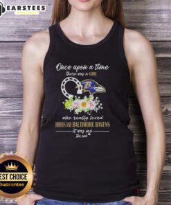Alt Text: Pretty tank top featuring a whimsical design about a girl who loved horses and the Baltimore Ravens.