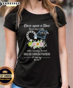 Pretty ladies tee featuring a girl who loves horses and the Carolina Panthers, perfect for passionate fans and equestrians.