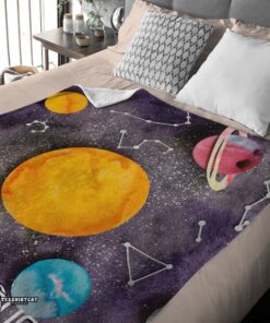 Pretty Outer Space Galaxy Watercolor Planets & Stars Blanket Fleece Customized Blanket - Image 4
