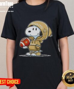 Snoopy in a hoodie, smiling at fans, showcasing Pretty Peanuts New Orleans Saints ladies tee design.