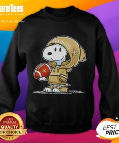 Snoopy in a hoodie with New Orleans Saints logo, smiling at fans while wearing a Pretty Peanuts sweatshirt.