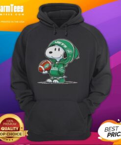 Alt Text: Snoopy wearing a New York Jets hoodie, smiling at fans in a colorful, vibrant scene with peanuts theme.