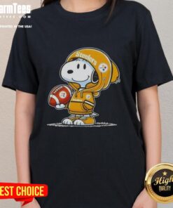 Cute Snoopy in a hoodie supporting Pittsburgh Steelers, smiling at fans on a ladies tee featuring pretty peanuts design.