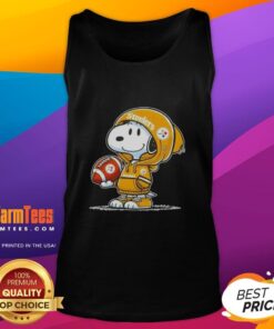 Alt Text: Snoopy in a hoodie, smiling at fans, wearing a Pittsburgh Steelers tank top, embodying a cute and fun vibe.